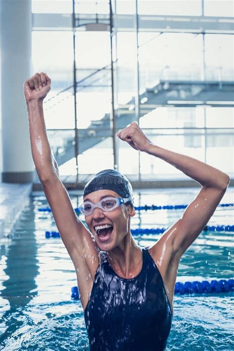 Excited Swimmer Cheering In The Swimming Pool Stock Image Image Of Caucasian Activity 42542805