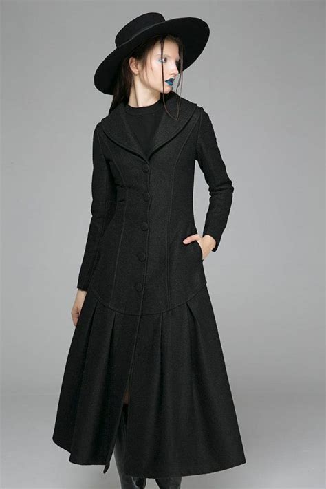 Vintage Style Coat Long Black Coat Dress Coat Drop Waist Coat Warm