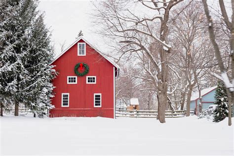 Red Barn In The Snow Rural Winter Scene Stock Photo Download Image