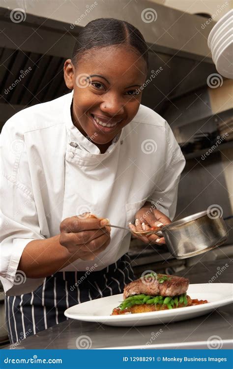 Chef Adding Sauce To Dish In Restaurant Stock Image Image Of Vertical