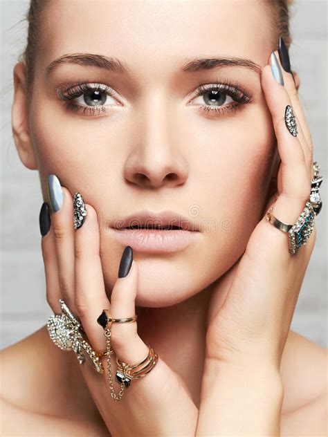 Beautiful Woman Face And Hands With Jewelry Stock Photo Image Of