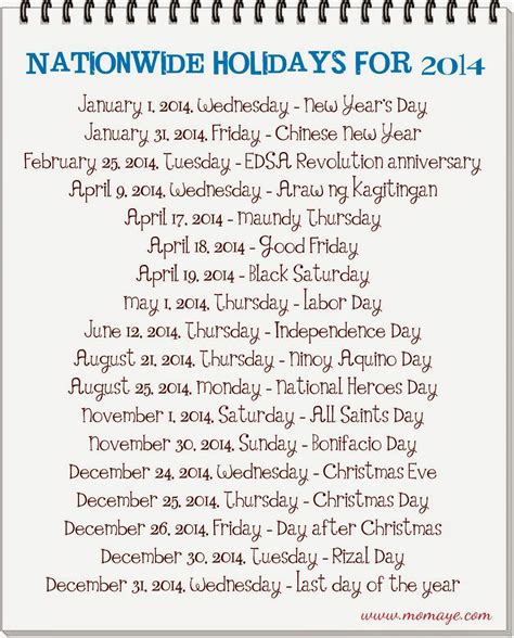 Philippine Holidays For 2014