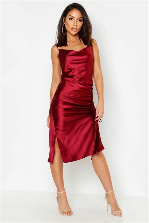 Boohoo Satin Ruched Side Dress Amal Clooney Red Slip Dress At Jennifer Aniston S Party
