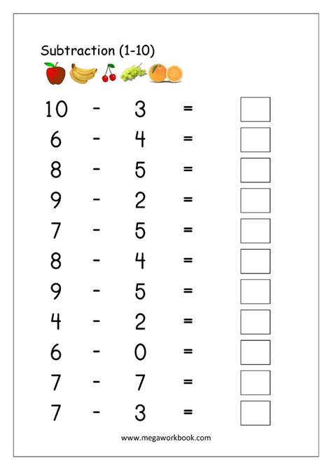 Free Printable Number Subtraction 1 10 Worksheets For Grade 1 And