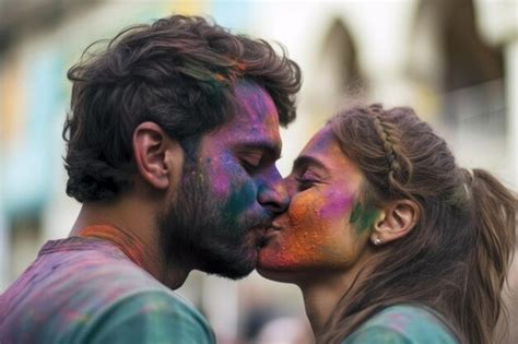 Premium Photo Couple Kissing On Holi Festival Ai Generated