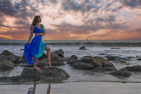 lovely brunette latin model poses outdoors on a beach at sunset stock