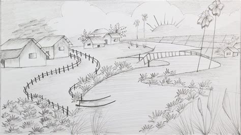 How To Draw A Village Scenery With Pencil Step By Step Landscape