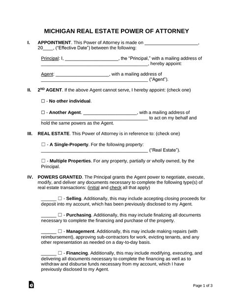 Free Michigan Real Estate Power Of Attorney Form Pdf Word Eforms
