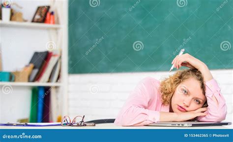 Woman Tired In School Classroom Teacher Exhausted After Hard Working Day School Pedagogue