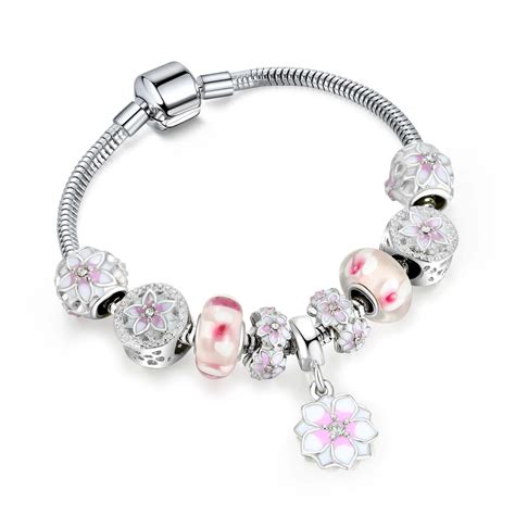 Antique Silver Charm Pandora Bracelets For Women Crystal Glass Flowers