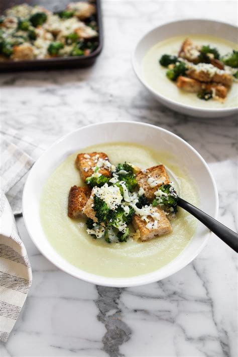 Creamy Broccoli Soup With Cheesy Everything Spiced Croutons Recipe