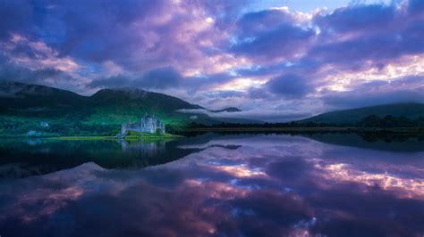 Castle With Reflection On River Under Purple Cloudy Sky Hd Nature