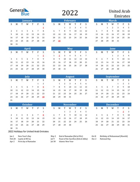 2022 United Arab Emirates Calendar With Holidays