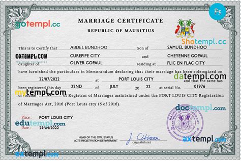 mauritius marriage certificate psd template completely editable