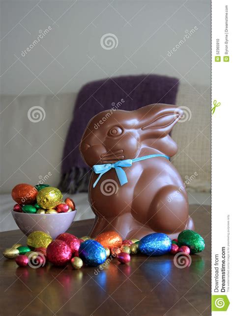 Chocolate Bunny With Easter Eggs On Table Stock Photo Image Of Sugar