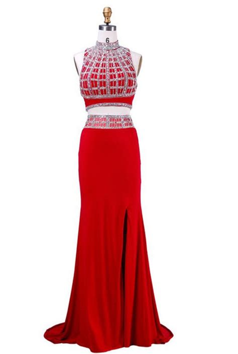 Sheath High Neck Side Slit Two Piece Red Jersey Beaded Prom Dress