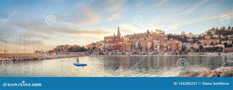 Public Beach Of Menton Old Town At Sunset Editorial Photography Image