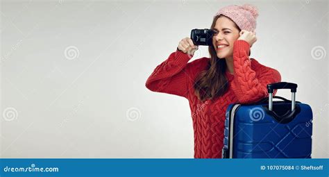 Happy Woman Traveler With Travel Case Taking Pictures With Camer Stock