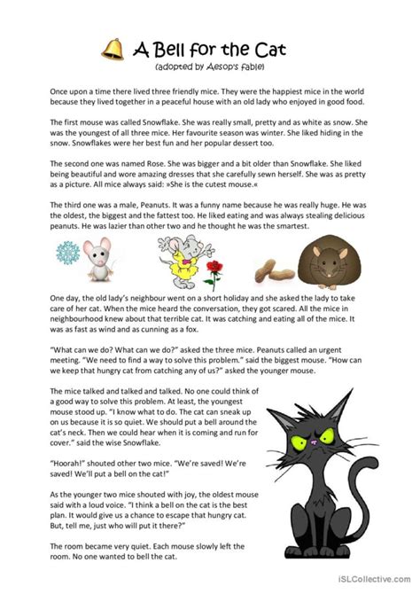 Aesops Fable A Bell For The Cat Rea English Esl Worksheets Pdf And Doc