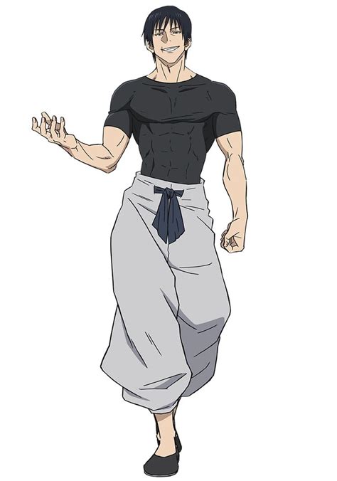An Anime Character With Black Hair And Grey Pants Holding His Hands