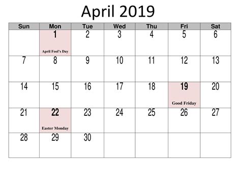April 2019 Calendar With Holidays Template Calendar Template