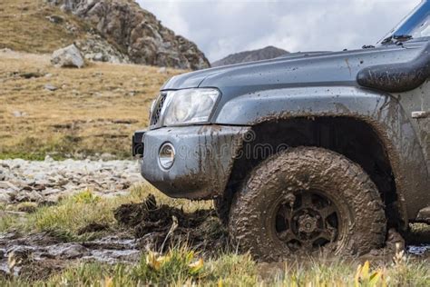 4x4 Off Road Suv Car Stuck In Mud Adventure Travel Concept Editorial