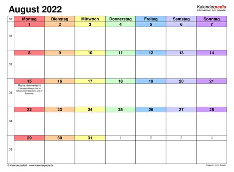 Kalender August 2022 Als Excel Vorlagen