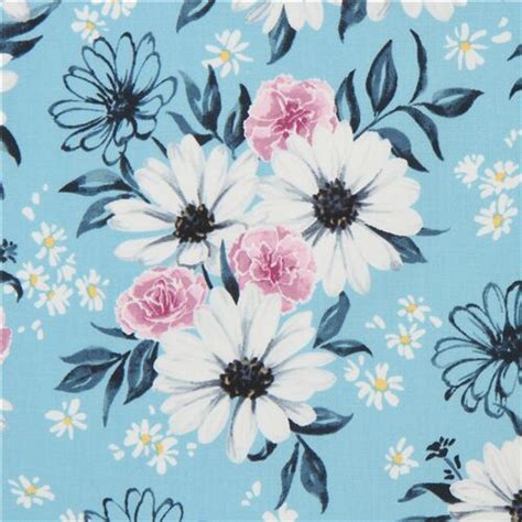 Blue Fabric With Daisy And Carnation Pattern By Robert Kaufman Modes4u