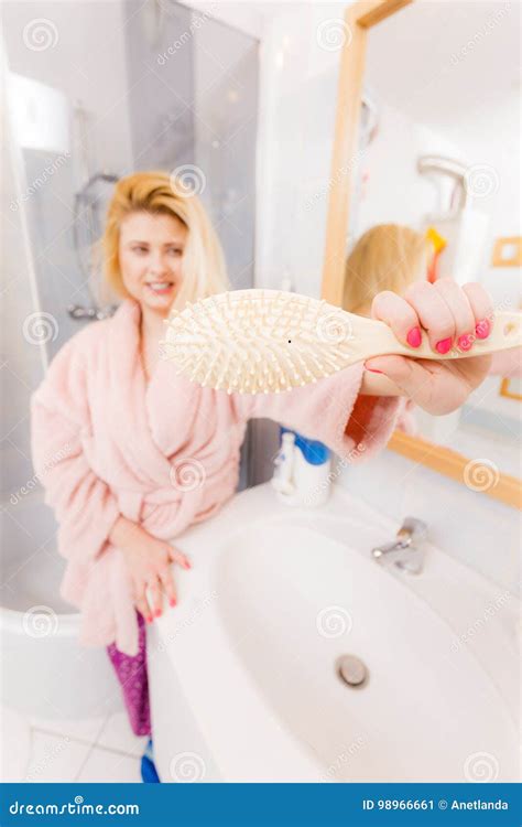Happy Woman Holding Showing Her Hair Brush Stock Image Image Of