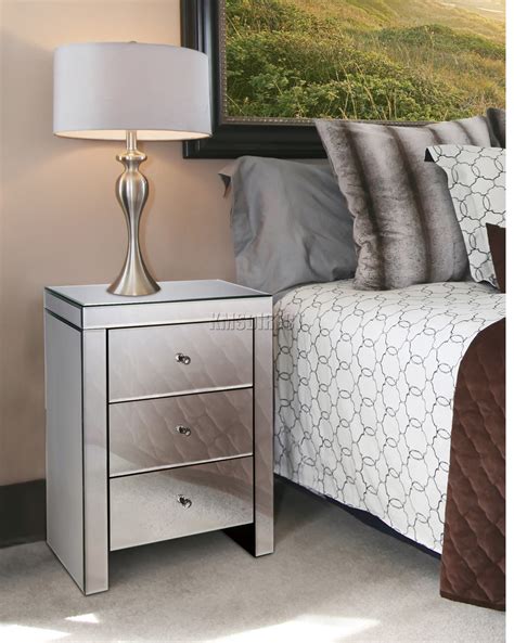 Uttermost 26120 henzler mirrored glass end table. WestWood Mirrored Furniture Glass 3 Drawer Bedside Cabinet ...