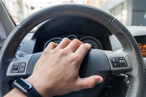 Drivers Hand On A Steering Wheel Of A Car Stock Photo Image Of Drive