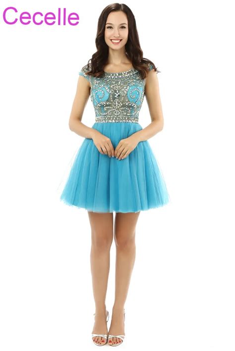 Turquoise Tulle Short Cocktail Dresses 2019 Beading Top Sexy Illusion A