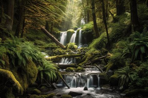 Forest Landscape With Flowing Waterfall Surrounded By Lush Greenery