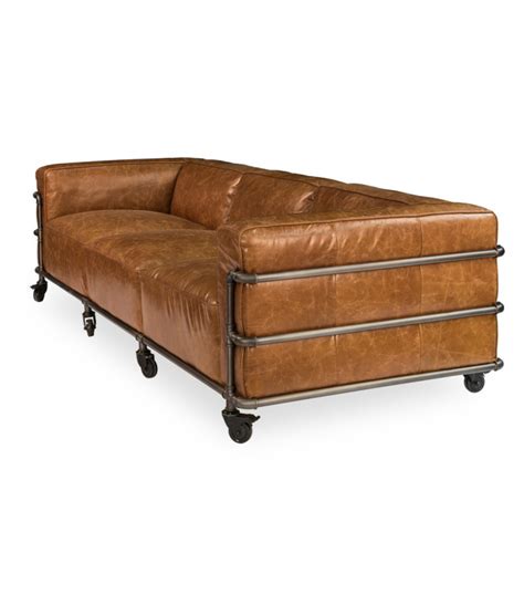 Industrial Iron Pipe And Leather Sofa On Wheels