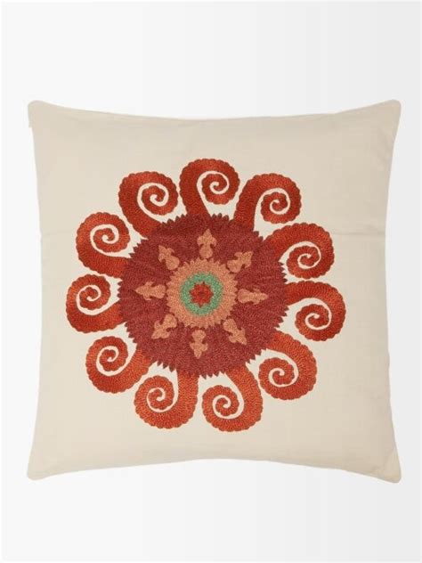 Emporio Sirenuse Swirl Sun Hand Embroidered Silk Cushion Burgundy