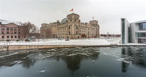 Time Lapse Of The Reichstag Berlin And Spree River In The Winter Time