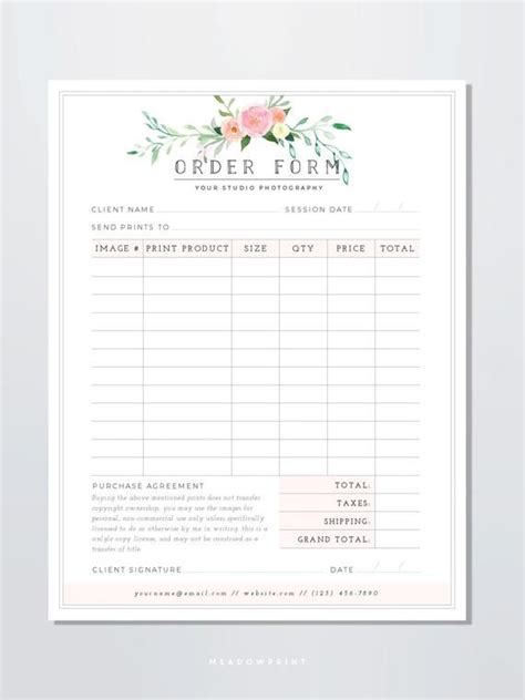 Photography Order Form Template Photography Print Order Form Printable