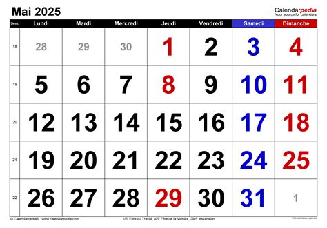 Calendrier Mai 2025 Excel Word Et Pdf Calendarpedia