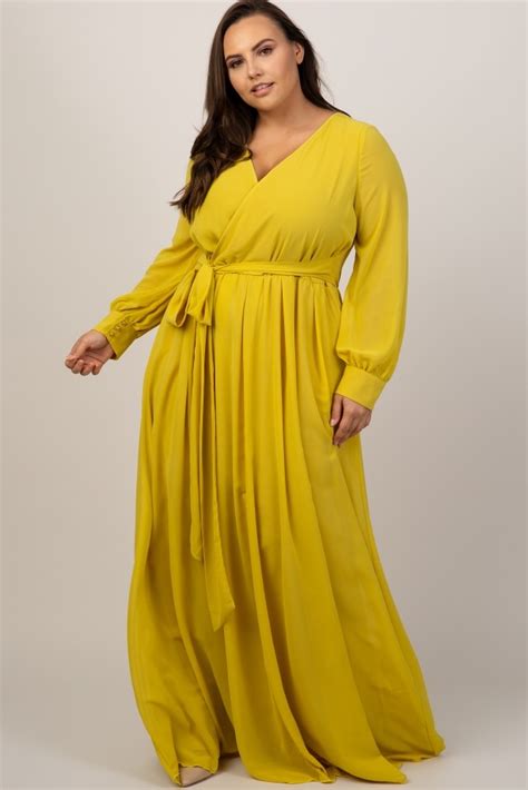 Plus Size Yellow Chiffon Long Sleeve Maxi Dress