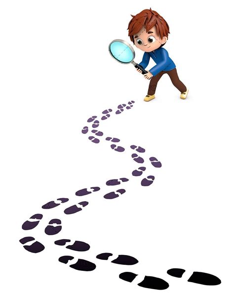 Child With Magnifying Glass Following Footprints Children