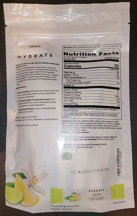 Plexus Hydrate Electrolyte Drink Mix Lemon Lime Sealed Bag 20 Packets