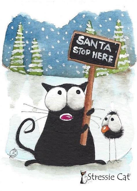 Black Cat Art Original Aceo Whimsical Painting Watercolor Christmas