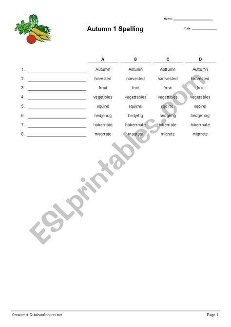 Autumn Words Spelling Esl Worksheet By Yg07