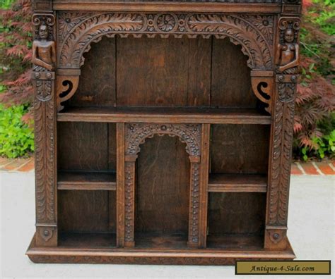 Antique English Oak Gothic Renaissance Wall Shelf Display Cabinet