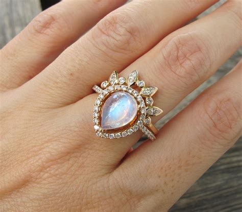 Ct Large Genuine Moonstone Halo Bridal Ring Set Teardrop Natural