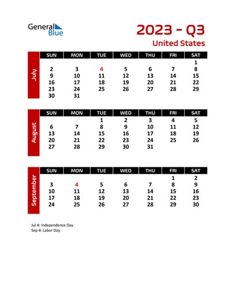 Q3 2023 Quarterly Calendar With United States Holidays