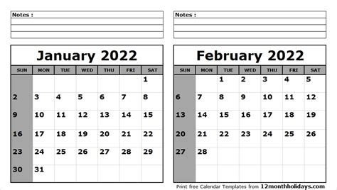 Printable Blank Two Month Calendar January February 2022 Template