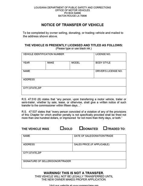 Louisiana Vehicle Bill Of Sale Printable Form