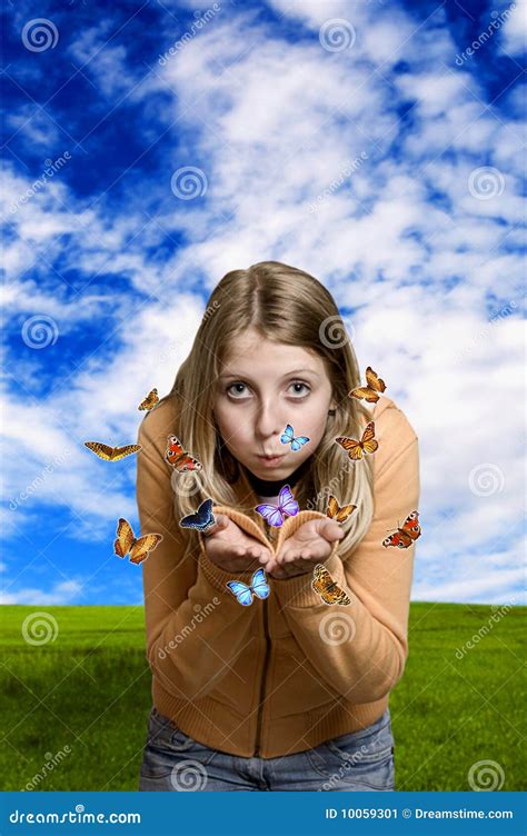 Girl With Butterflies Stock Image Image Of Summer Positive