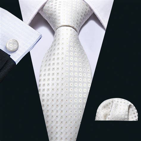 White Plaid Silk Mens Tie Hanky Cufflinks Set Mens Silk Ties Mens